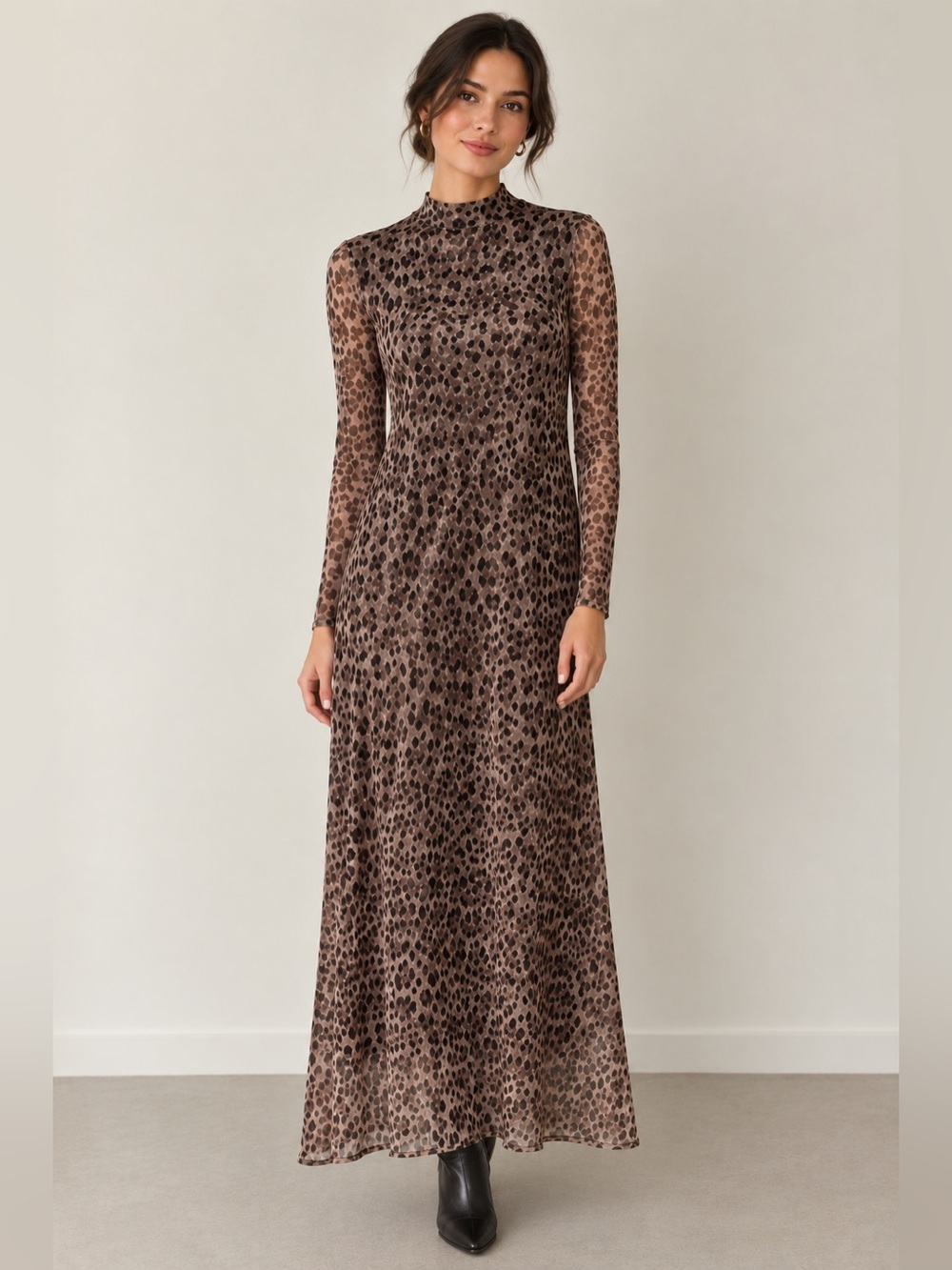 🆕 M Made in Italy | Leopard Print Mesh Maxi Dress - Long Sleeve